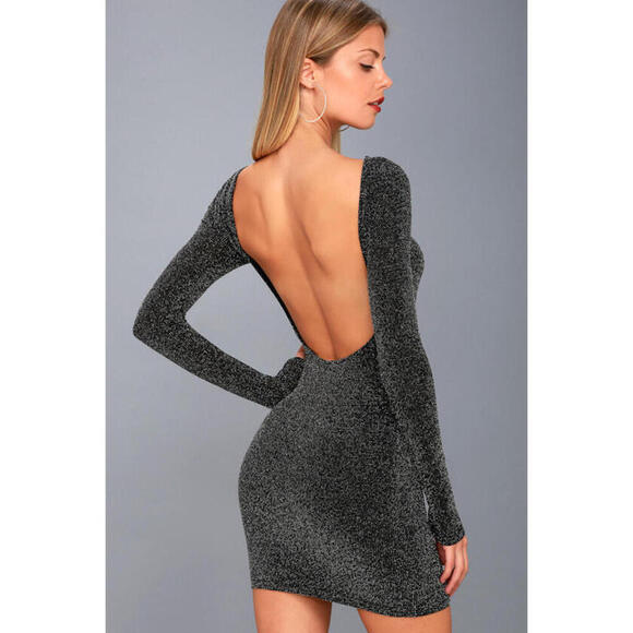 Lulus Dresses & Skirts - Lulus Gift Of Love Black And Silver Backless Long Sleeve Bodycon Dress
